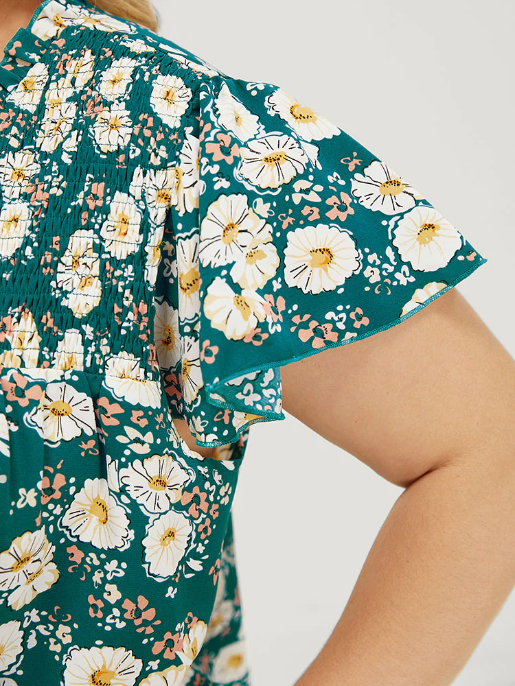Floral Ruffle Sleeve Shirred Button Up Frill Trim Blouse - Image 7