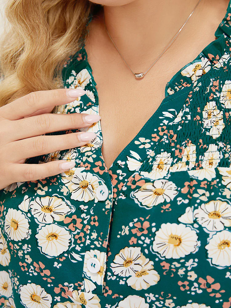 Floral Ruffle Sleeve Shirred Button Up Frill Trim Blouse - Image 8
