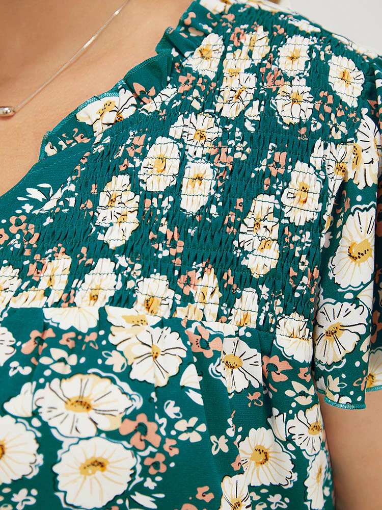 Floral Ruffle Sleeve Shirred Button Up Frill Trim Blouse - Image 9