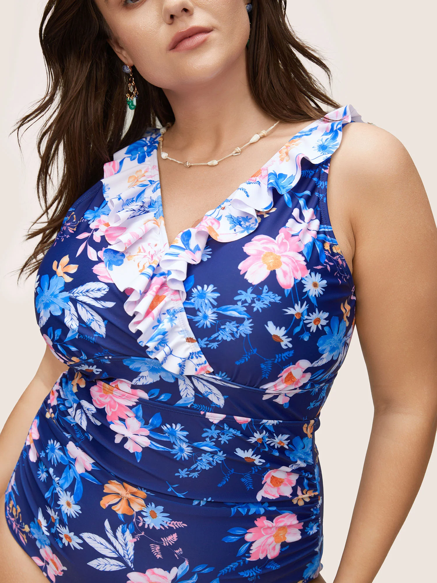 Floral Ruffle Trim Adjustable Straps One Piece Swimsuit - Image 3
