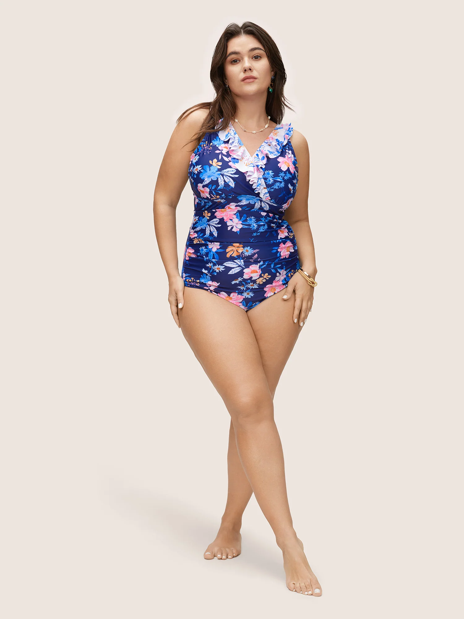 Floral Ruffle Trim Adjustable Straps One Piece Swimsuit - Image 4