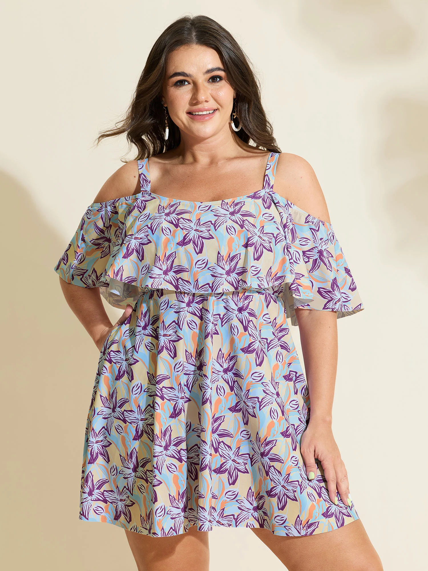 Floral Ruffle Trim Off Shoulder Pockets Swim Dress - Image 11