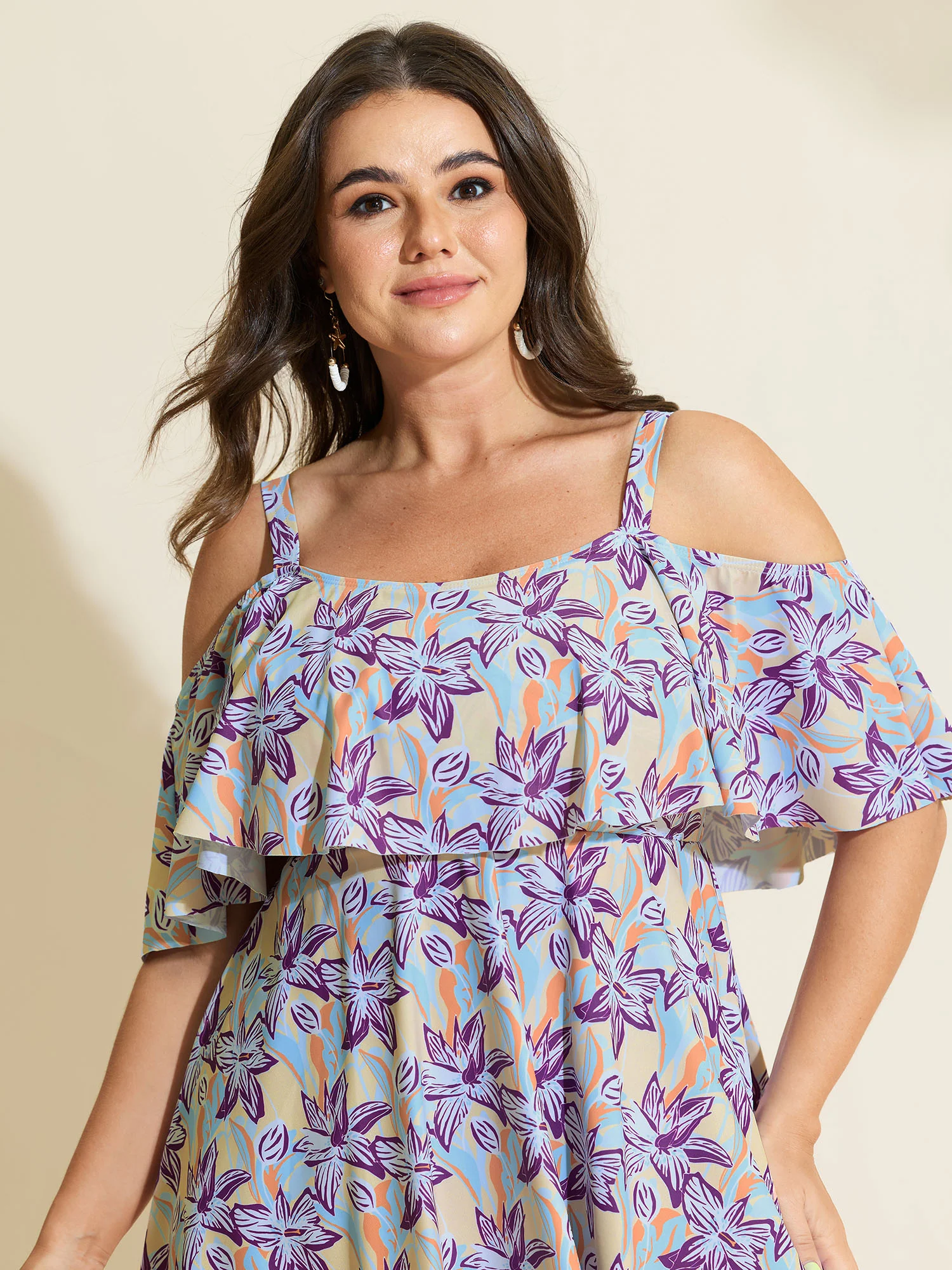Floral Ruffle Trim Off Shoulder Pockets Swim Dress - Image 12