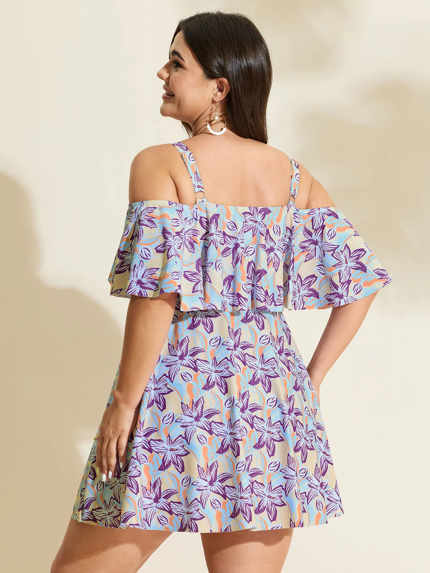 Floral Ruffle Trim Off Shoulder Pockets Swim Dress - Image 15