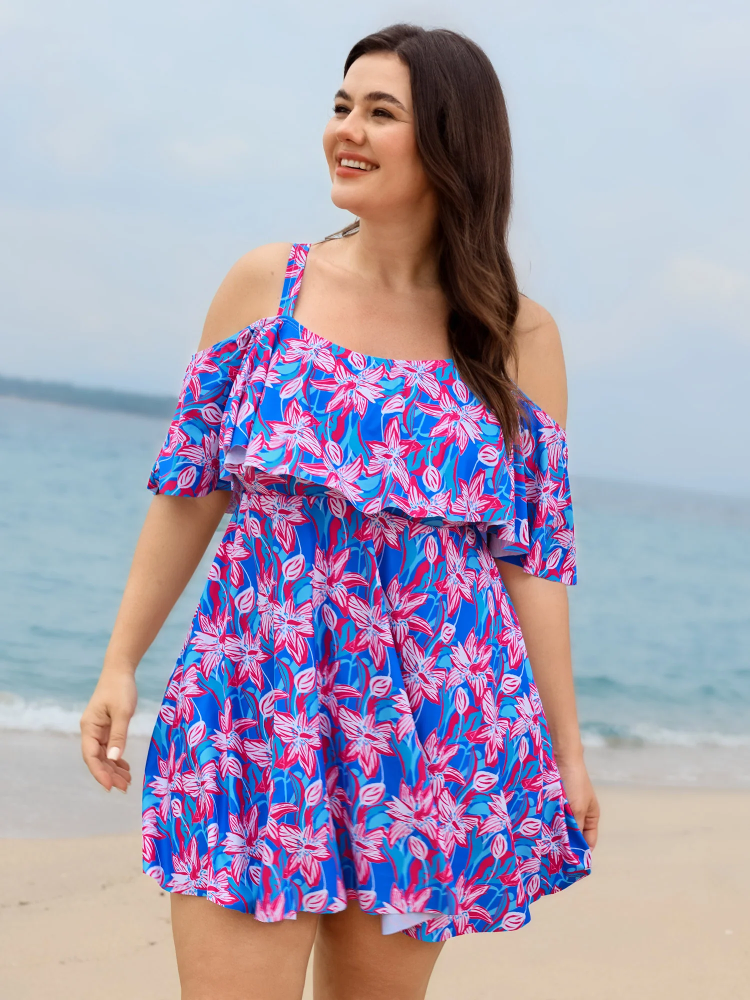 Floral Ruffle Trim Off Shoulder Pockets Swim Dress - Image 16