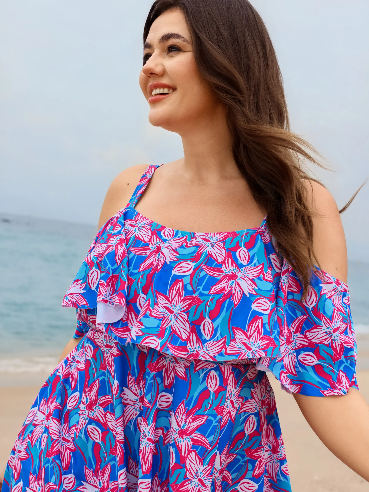 Floral Ruffle Trim Off Shoulder Pockets Swim Dress - Image 17