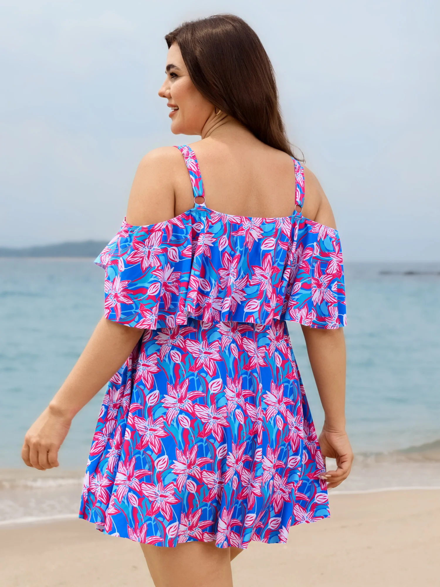 Floral Ruffle Trim Off Shoulder Pockets Swim Dress - Image 21