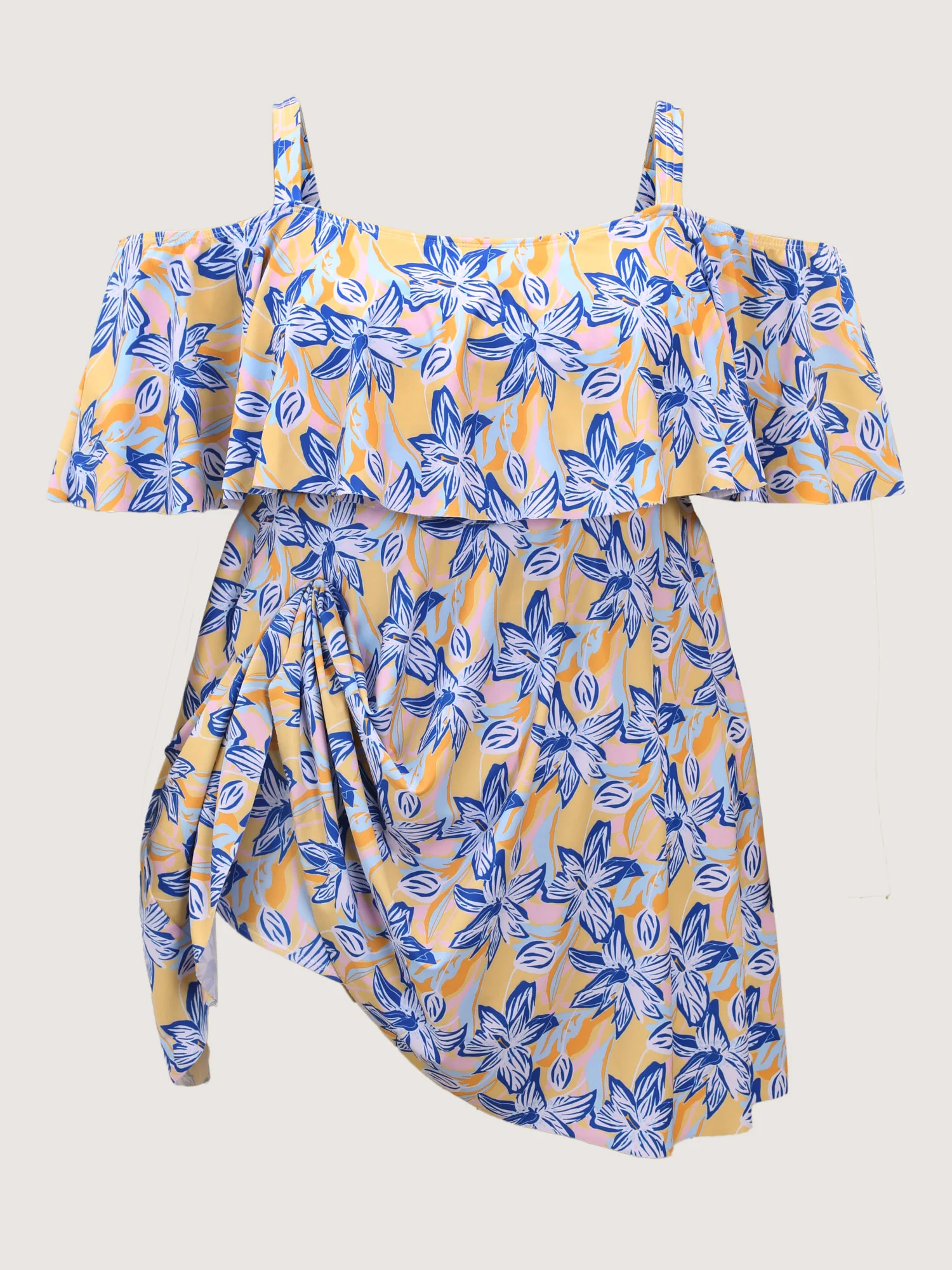 Floral Ruffle Trim Off Shoulder Pockets Swim Dress - Image 9