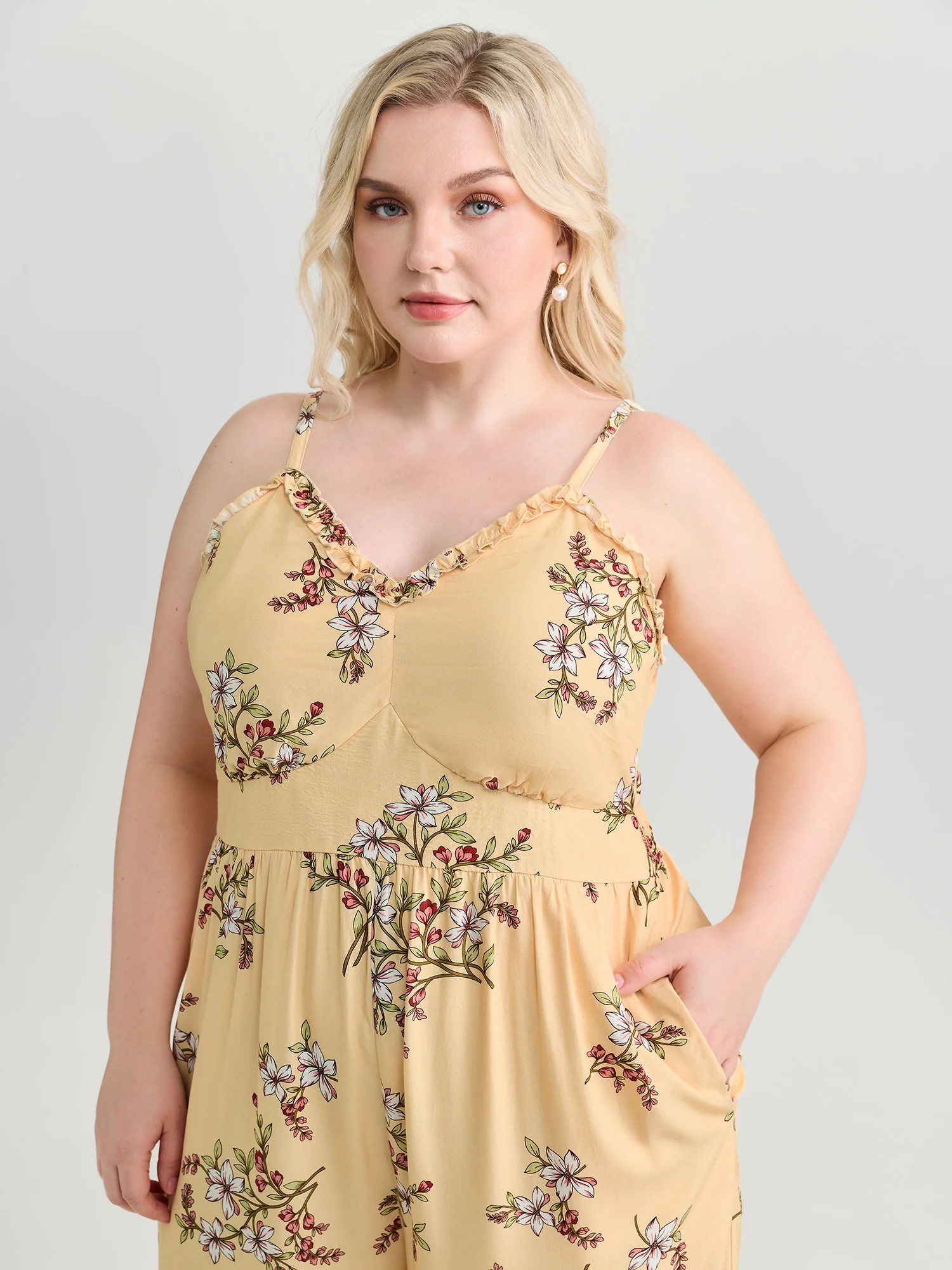 Floral Ruffled Neckline Cinched-Waist Jumpsuit - Image 2