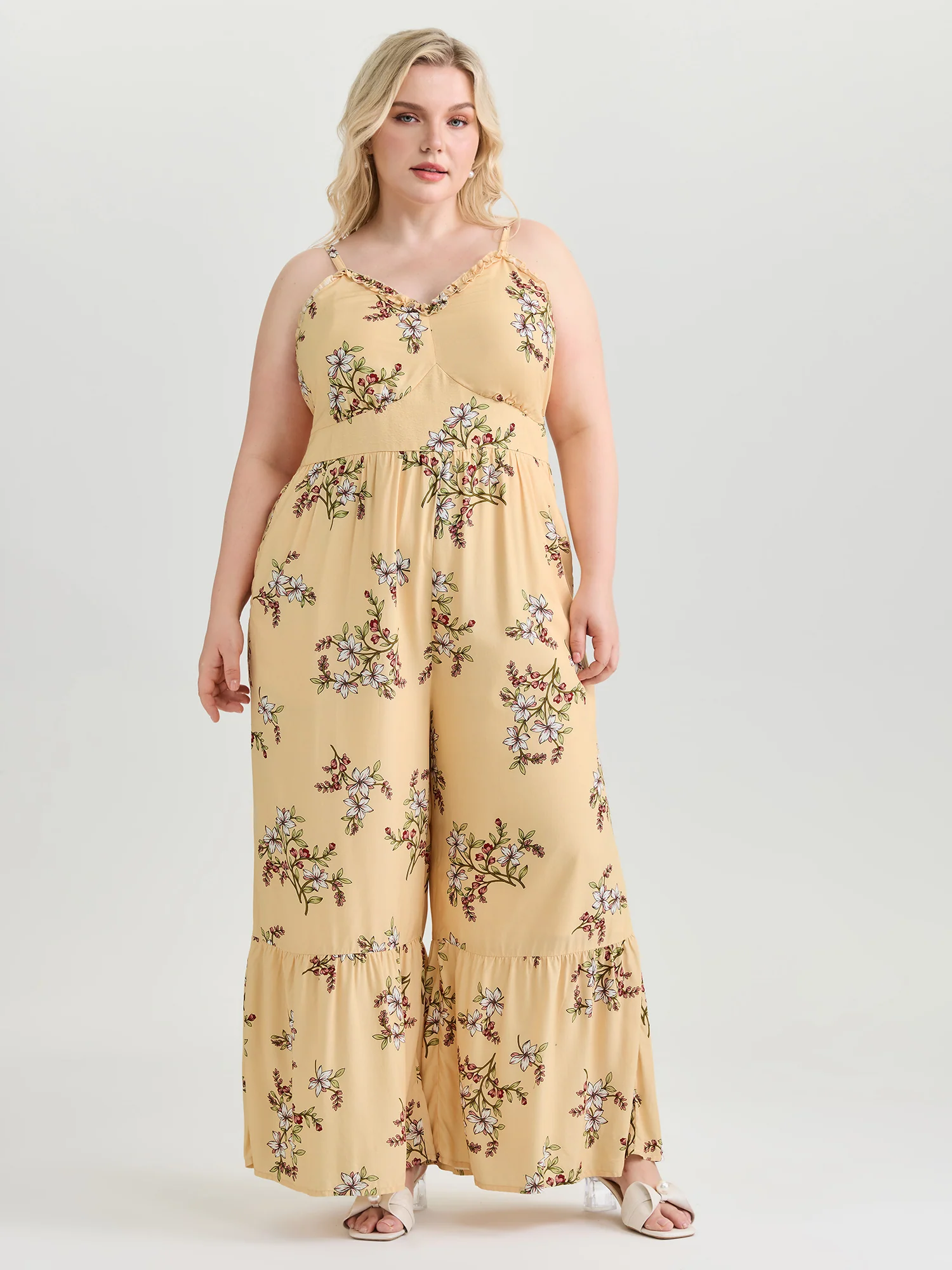 Floral Ruffled Neckline Cinched-Waist Jumpsuit - Image 3