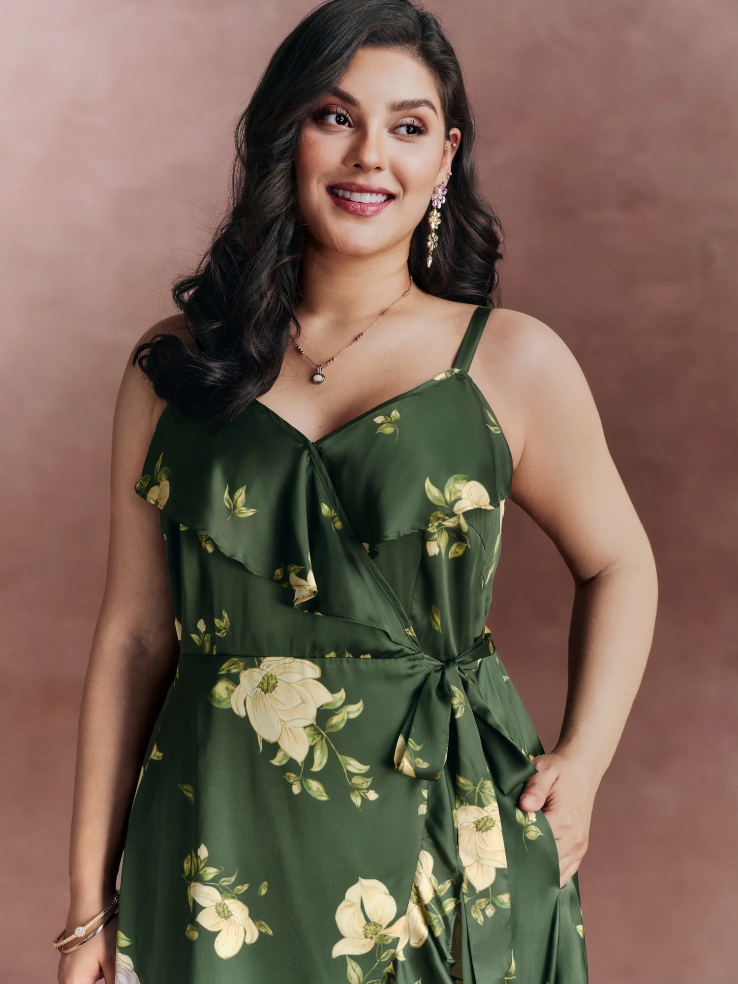 Floral Ruffled Wrap High-Low Hem Midi Dress - Image 2