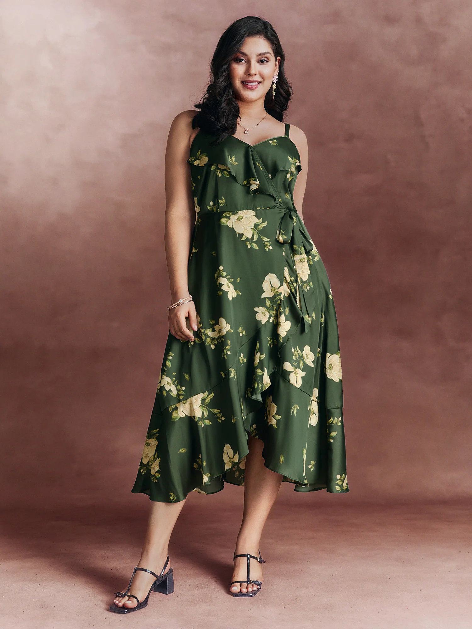Floral Ruffled Wrap High-Low Hem Midi Dress - Image 3