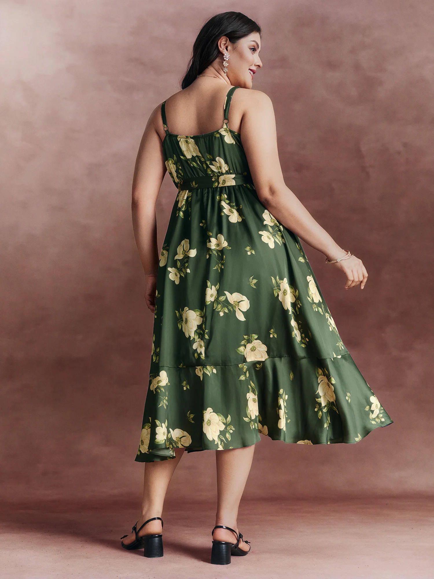 Floral Ruffled Wrap High-Low Hem Midi Dress - Image 4