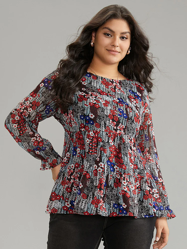 Floral Ruffles Elastic Waist Lantern Sleeve Chiffon Blouse - Image 2