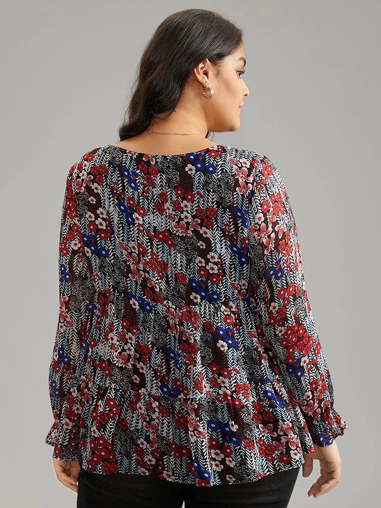 Floral Ruffles Elastic Waist Lantern Sleeve Chiffon Blouse - Image 3
