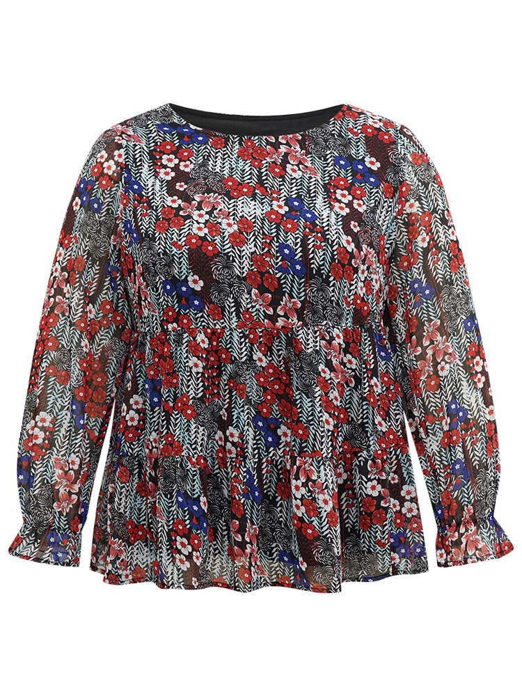 Floral Ruffles Elastic Waist Lantern Sleeve Chiffon Blouse - Image 6