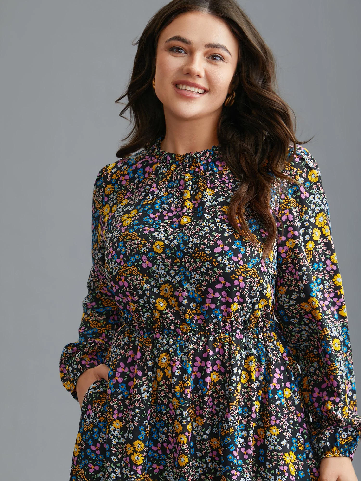 Floral Ruffles Mock Neck Elastic Waist Midi Dress - Image 2
