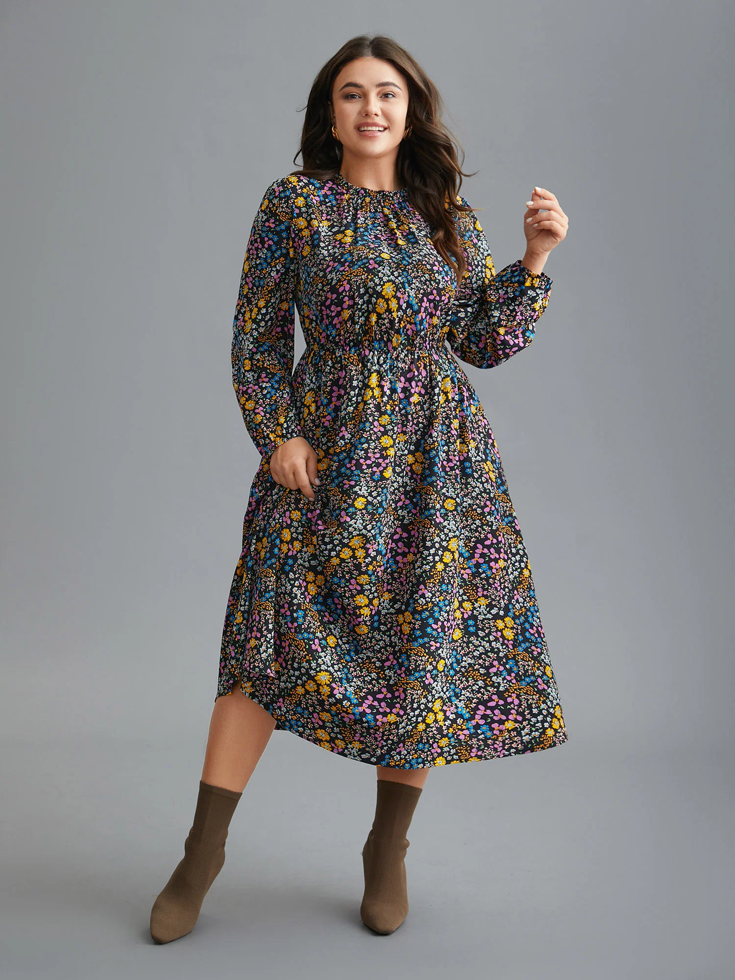 Floral Ruffles Mock Neck Elastic Waist Midi Dress - Image 3