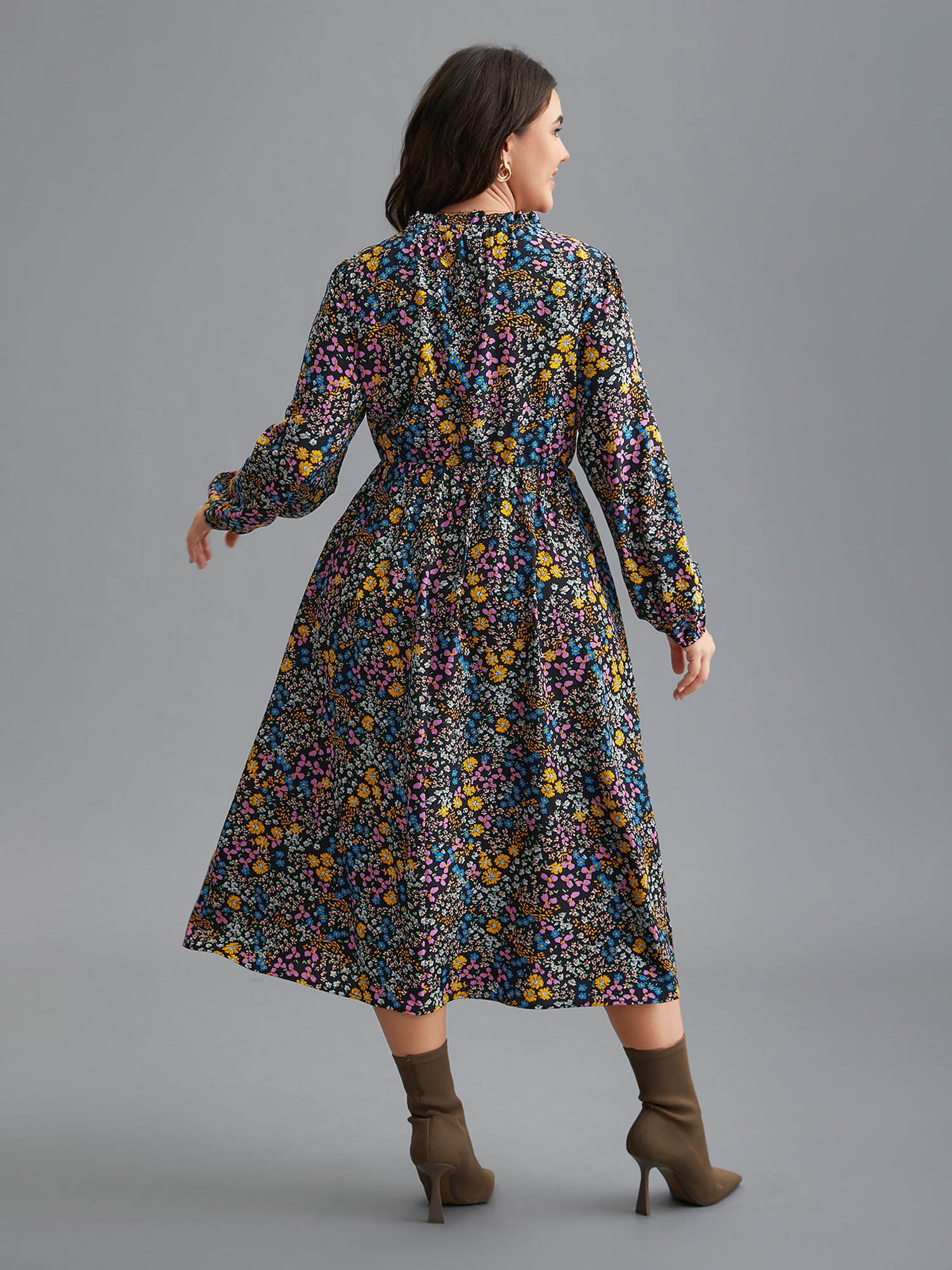 Floral Ruffles Mock Neck Elastic Waist Midi Dress - Image 4
