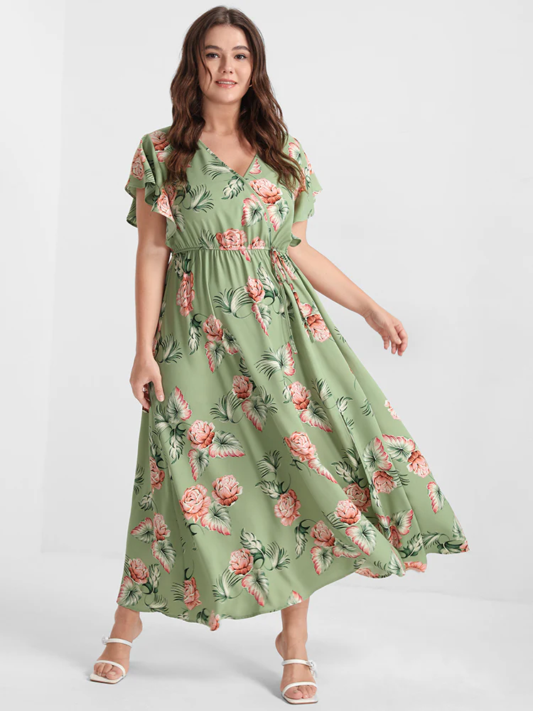 Floral Ruffles Raglan Sleeve Ties Wrap Midi Dress - Image 2