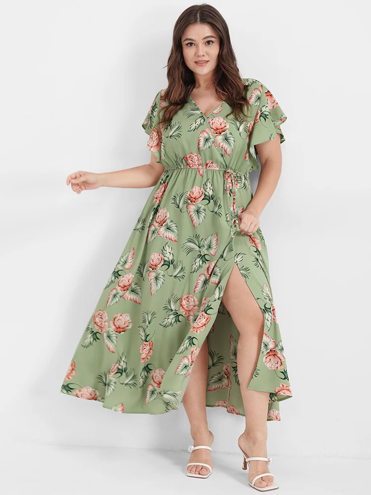 Floral Ruffles Raglan Sleeve Ties Wrap Midi Dress - Image 3