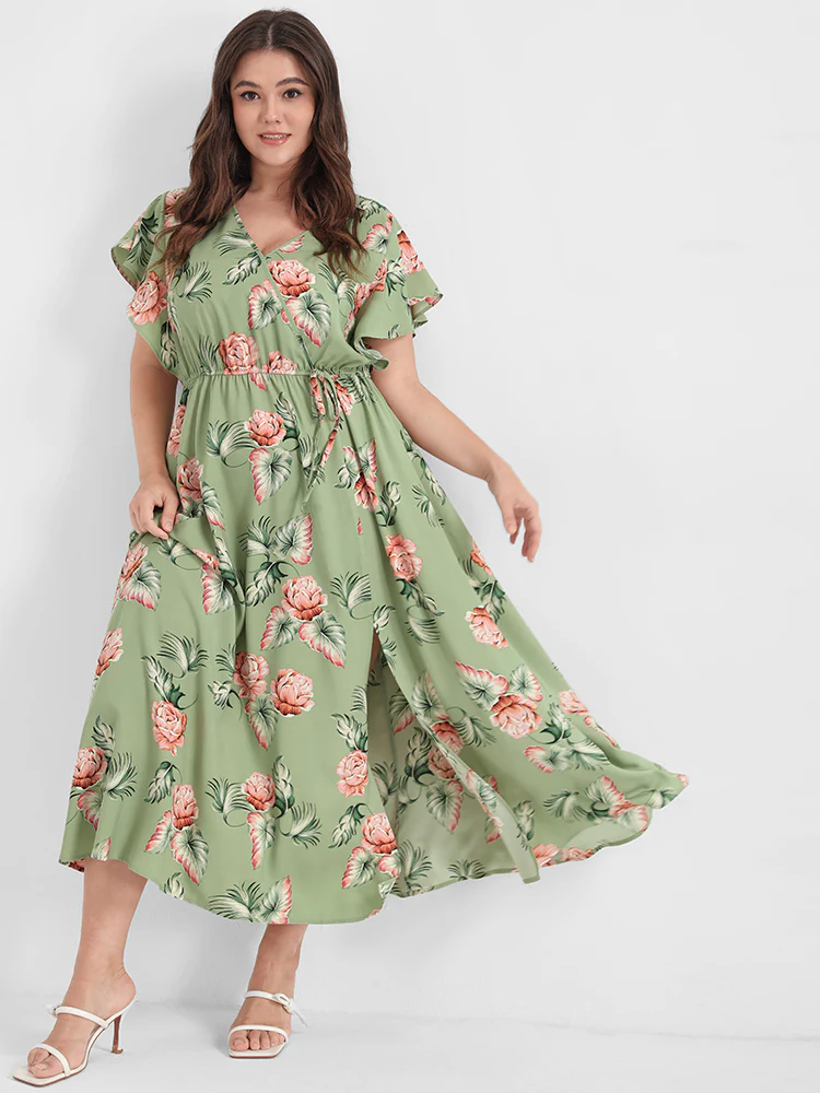 Floral Ruffles Raglan Sleeve Ties Wrap Midi Dress - Image 4