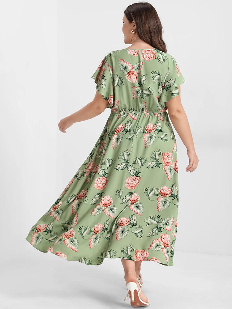 Floral Ruffles Raglan Sleeve Ties Wrap Midi Dress - Image 5