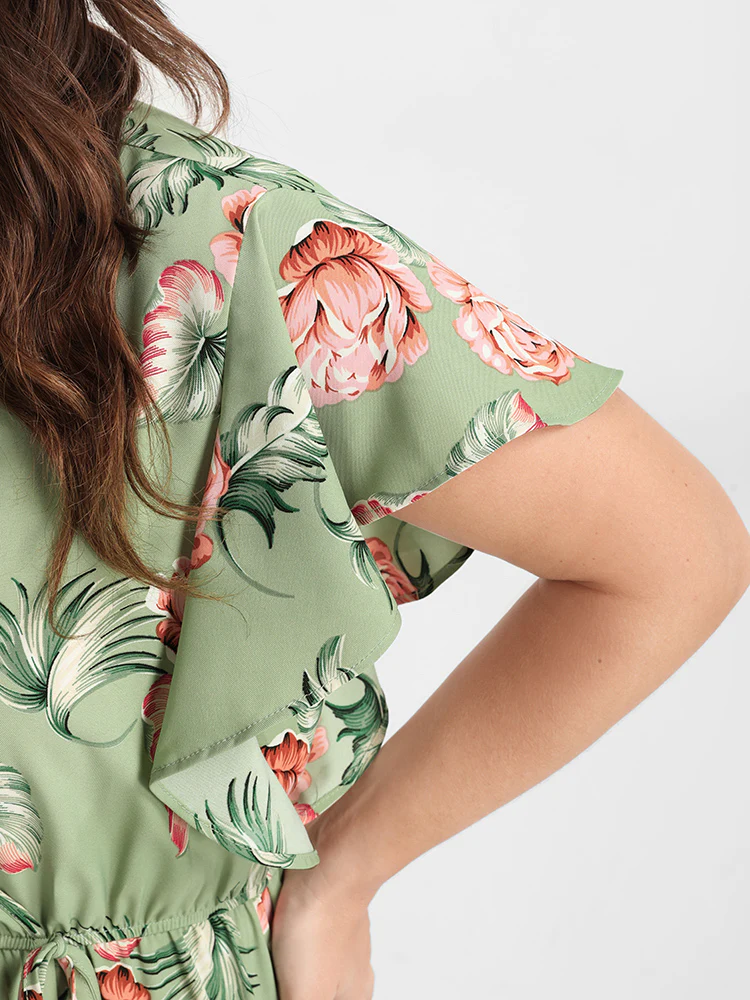 Floral Ruffles Raglan Sleeve Ties Wrap Midi Dress - Image 6