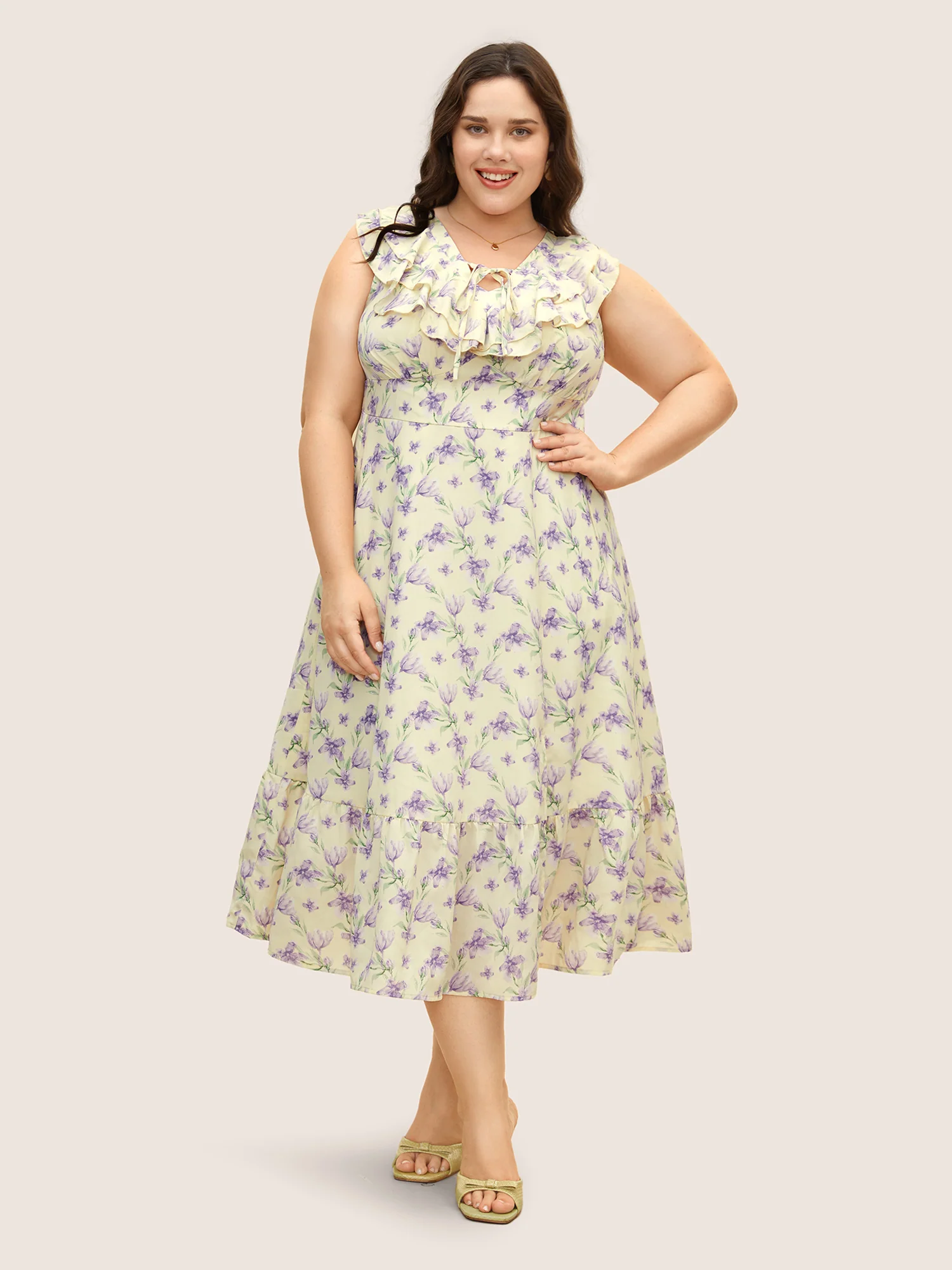 Floral Ruffles Shirred Sleeveless Midi Dress - Image 2