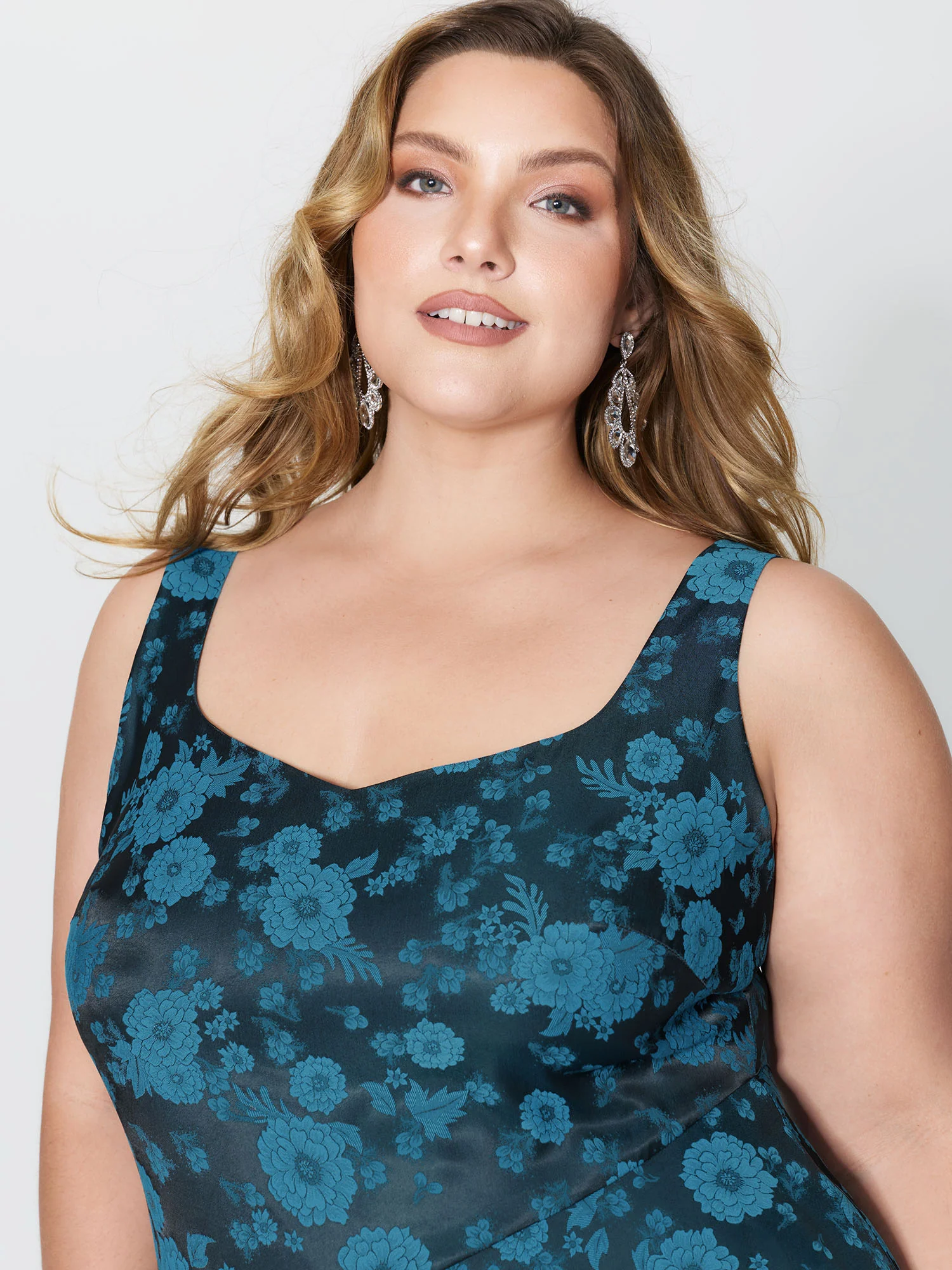 Floral Satin Stretch Asymmetrical Hem Maxi Dress - Image 2
