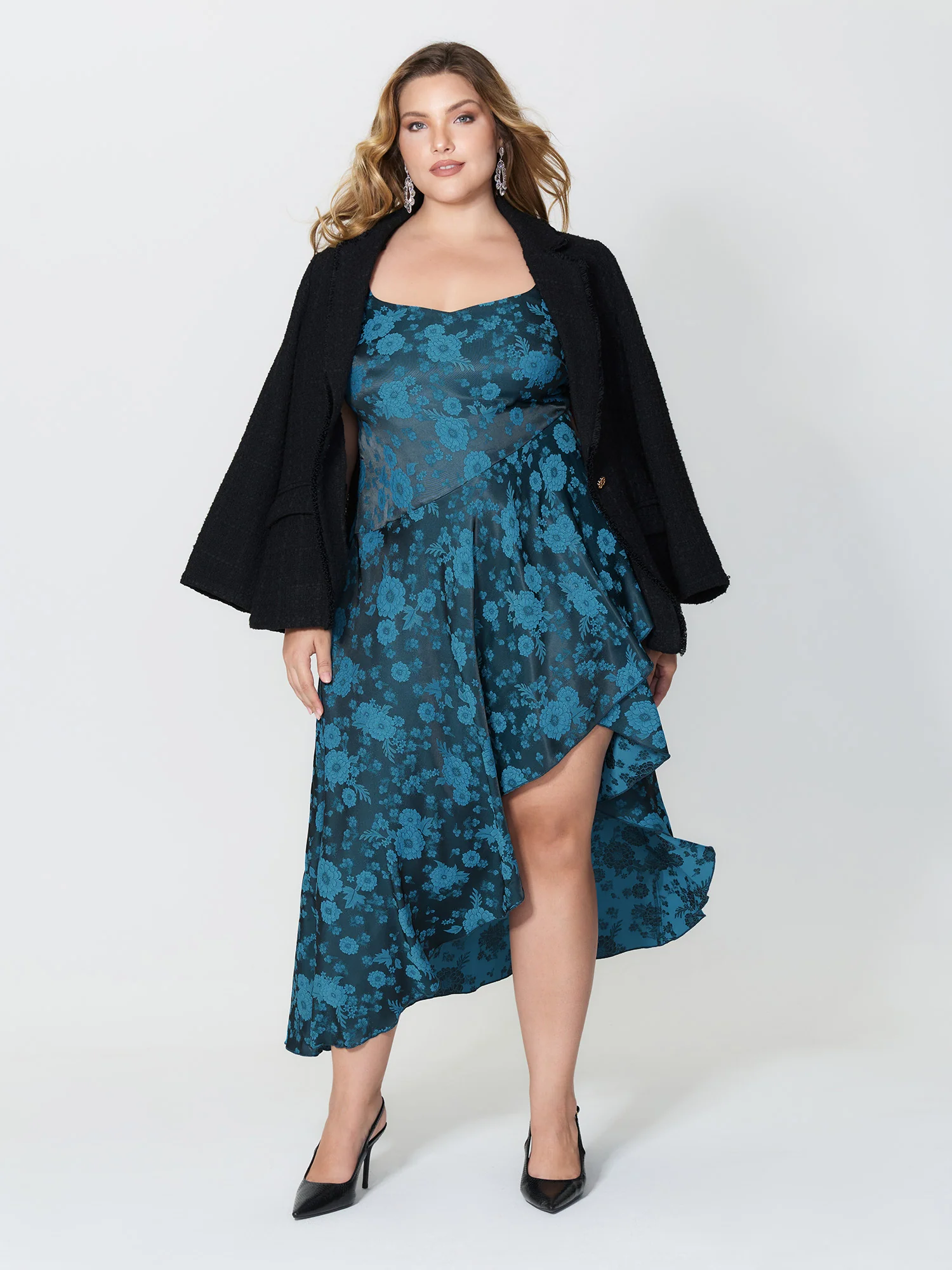 Floral Satin Stretch Asymmetrical Hem Maxi Dress - Image 3