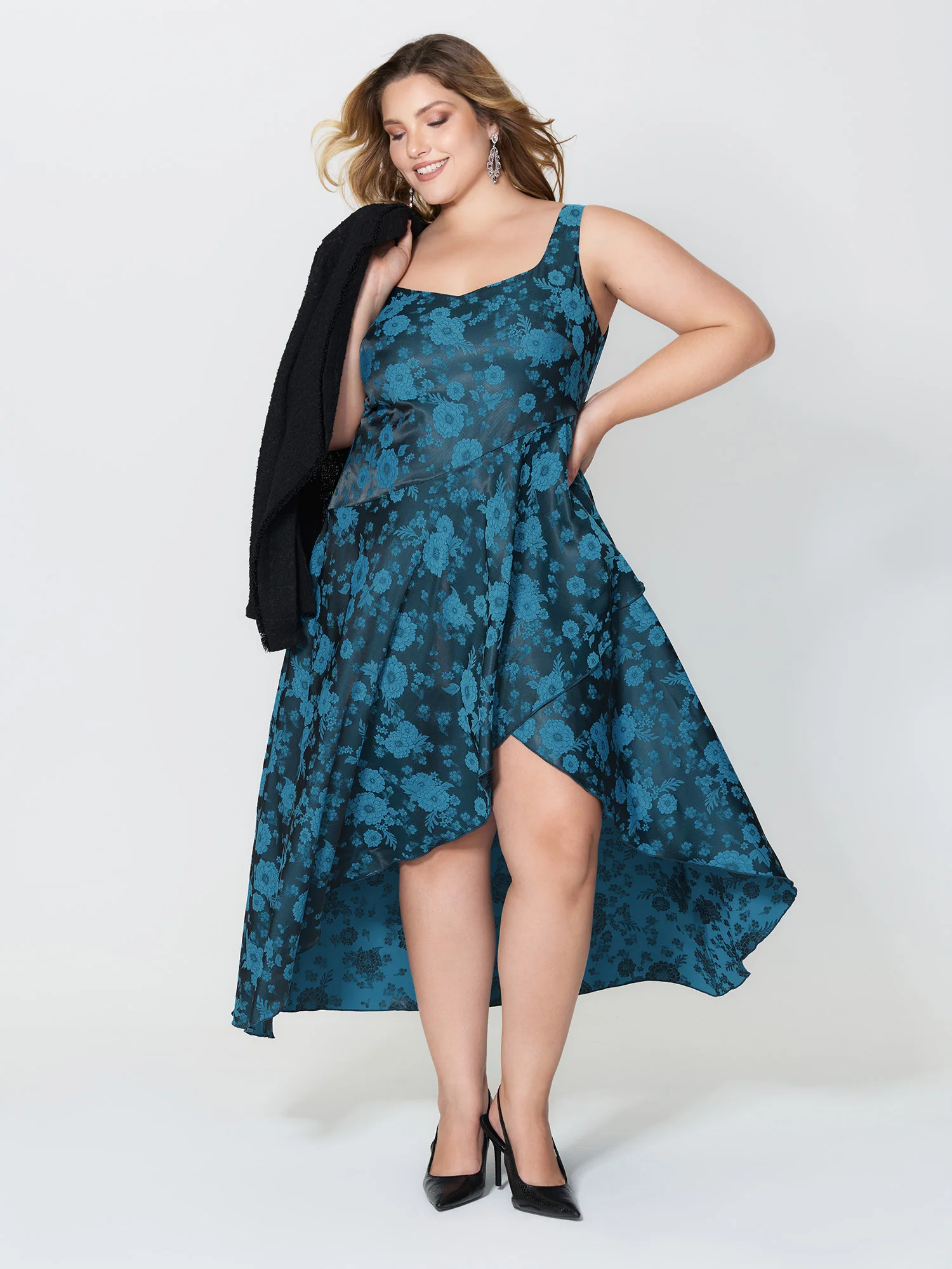 Floral Satin Stretch Asymmetrical Hem Maxi Dress - Image 4