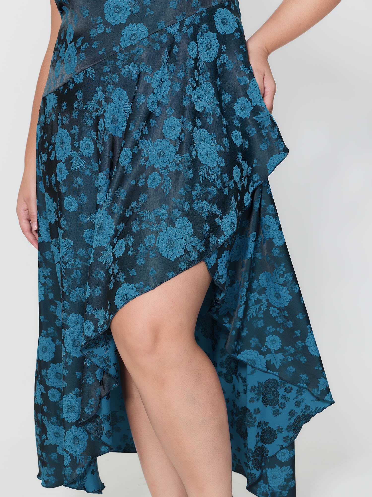 Floral Satin Stretch Asymmetrical Hem Maxi Dress - Image 5