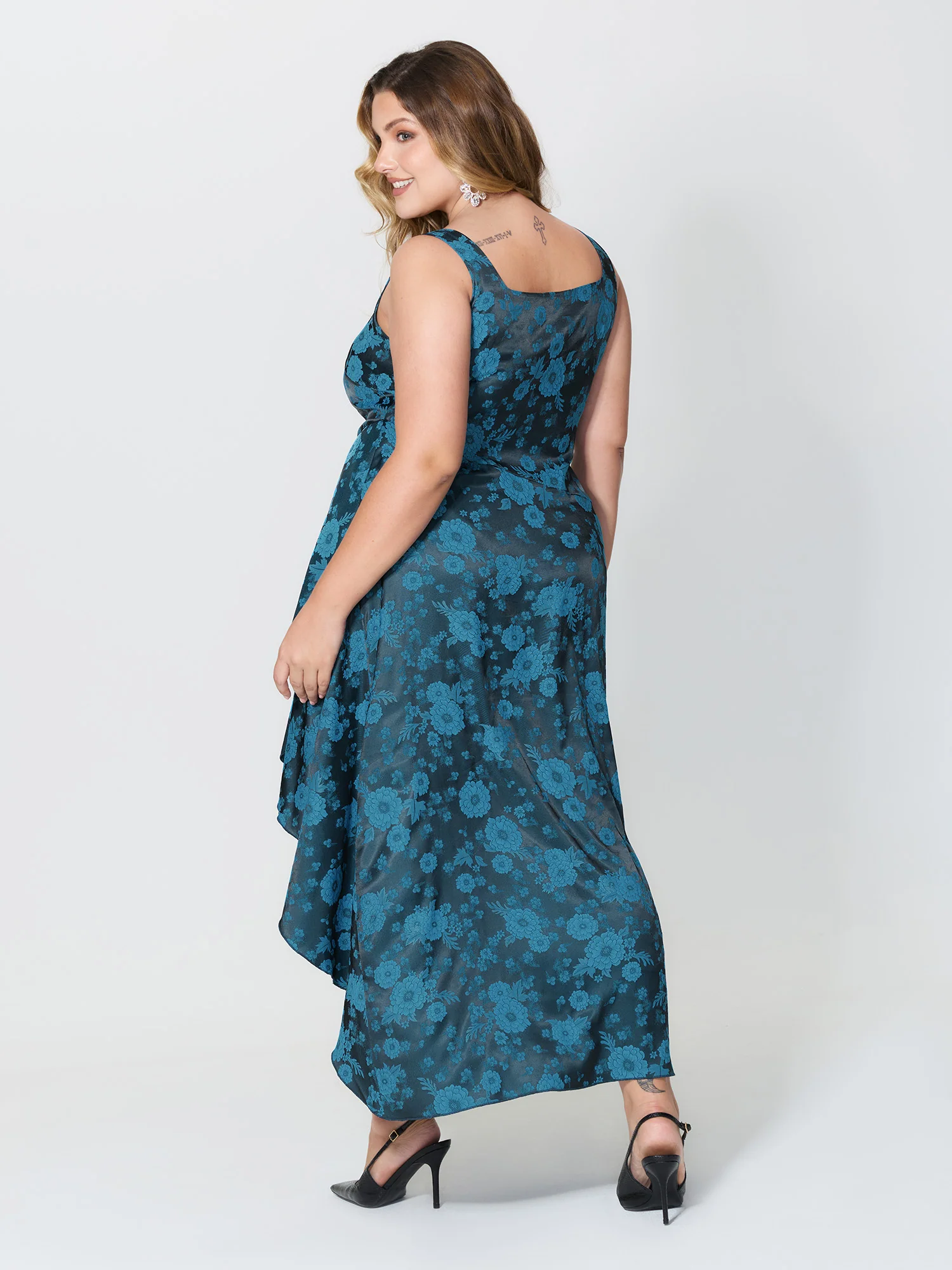 Floral Satin Stretch Asymmetrical Hem Maxi Dress - Image 6