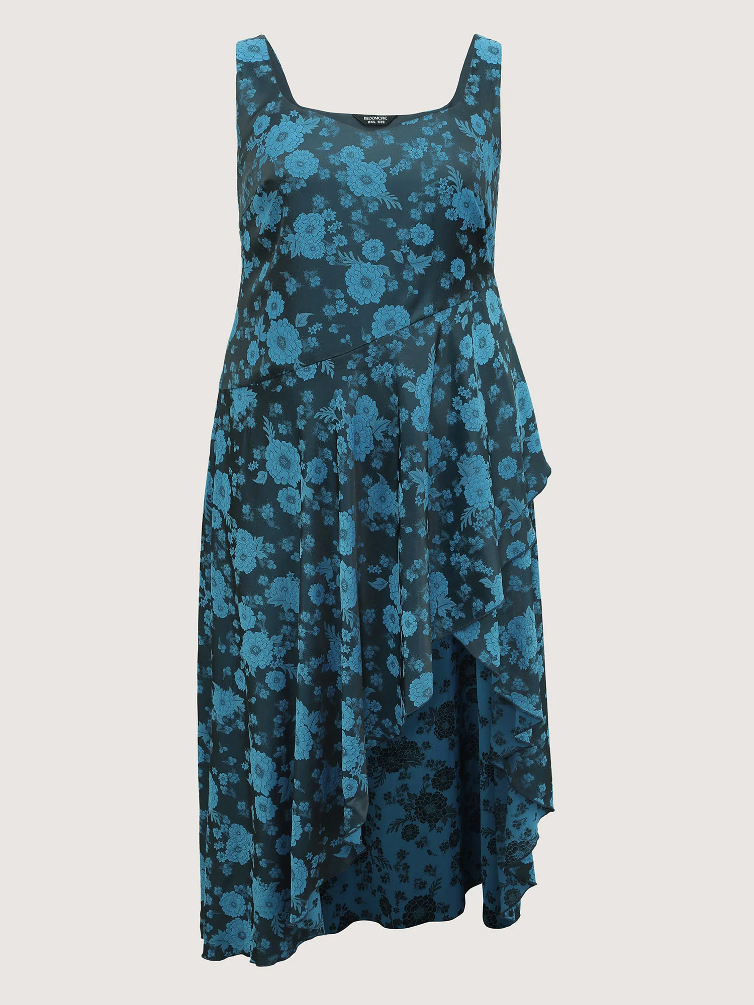 Floral Satin Stretch Asymmetrical Hem Maxi Dress - Image 9