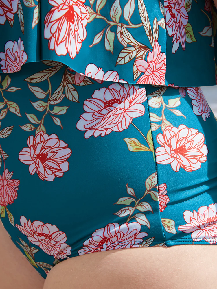 Floral Sculpt Waist Ruffles Trim One Piece Swimsuit - Image 5