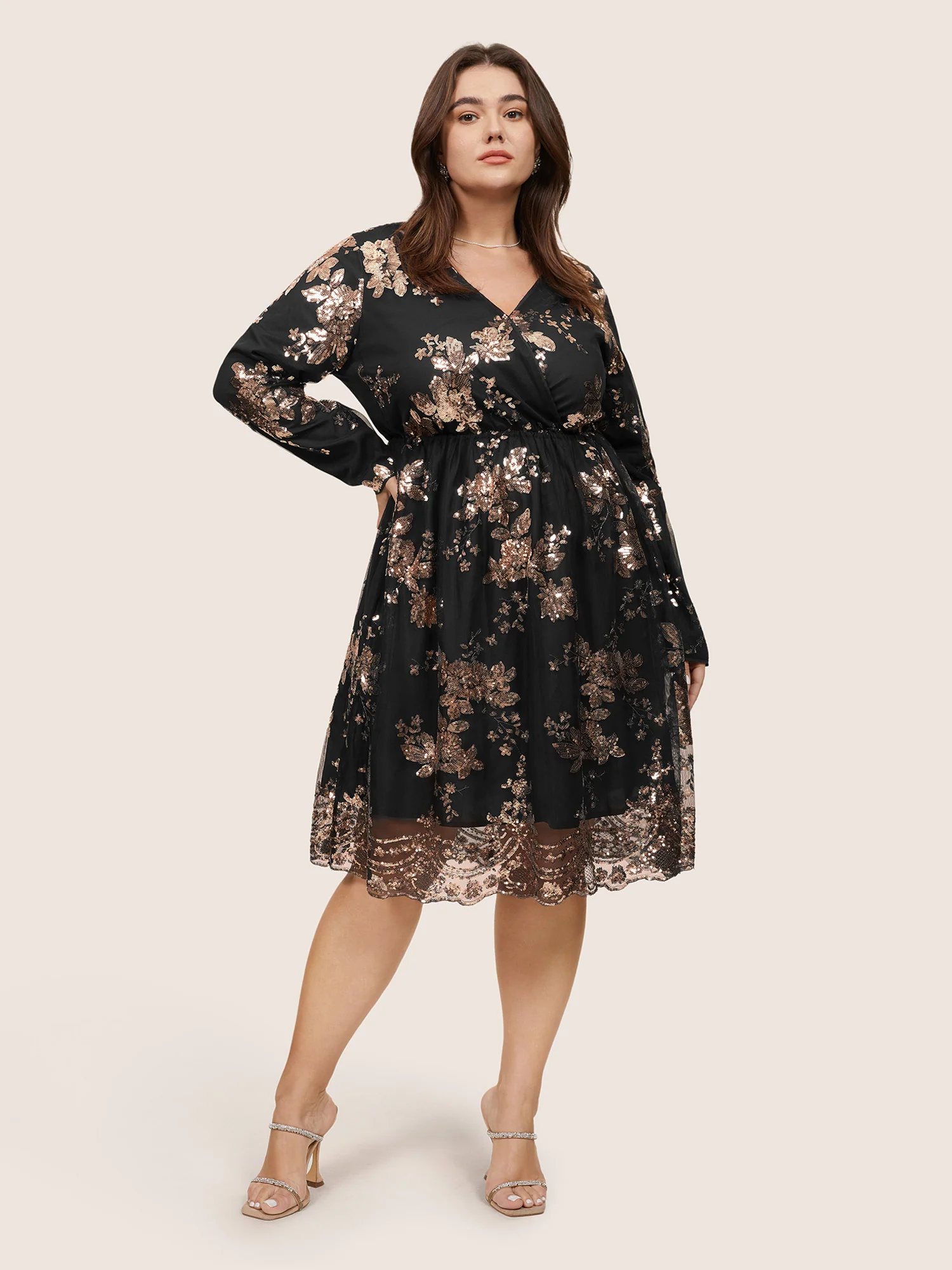 Floral Sequin Elastic Waist Mesh Wrap Dress - Image 3