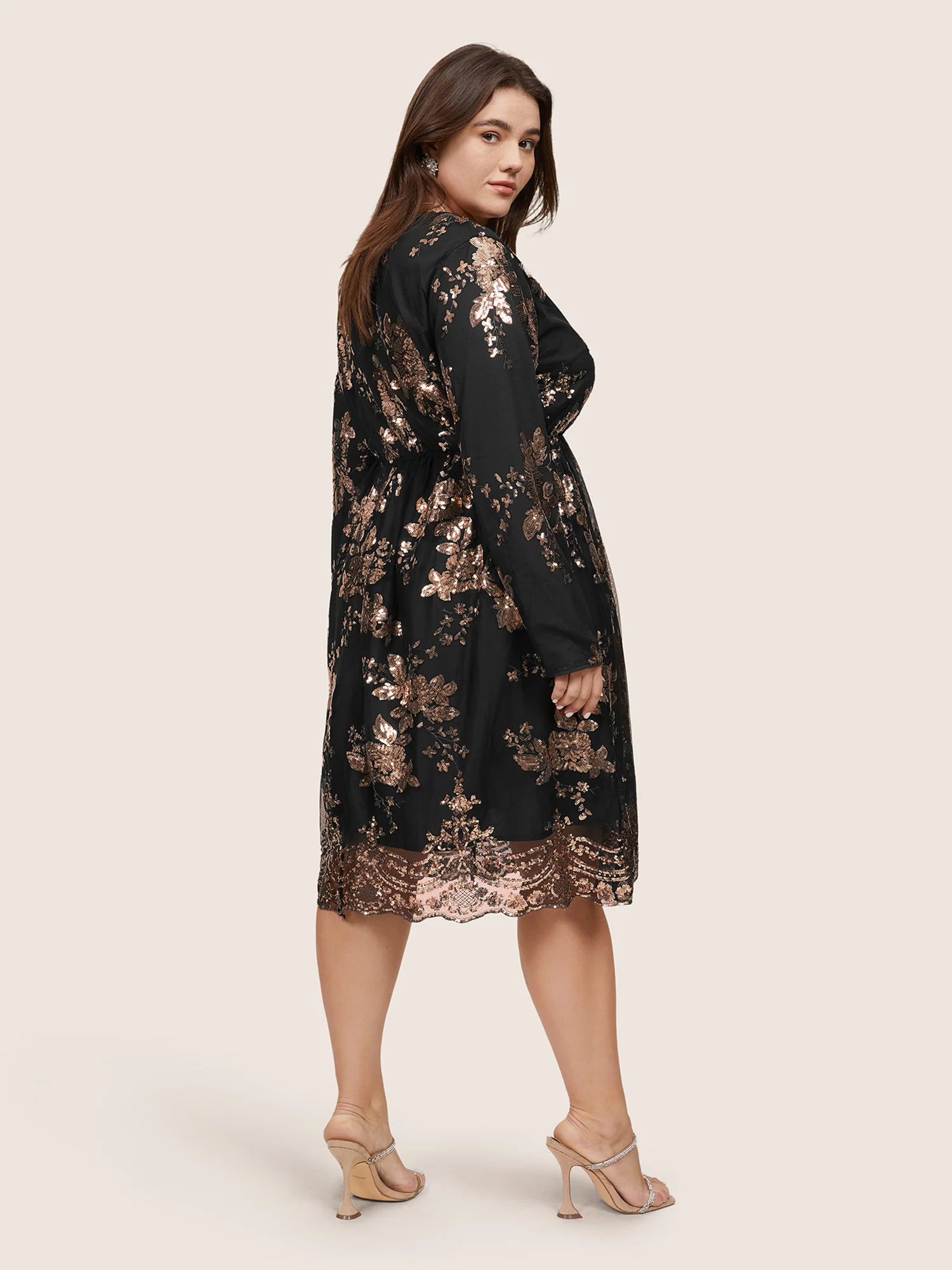 Floral Sequin Elastic Waist Mesh Wrap Dress - Image 4