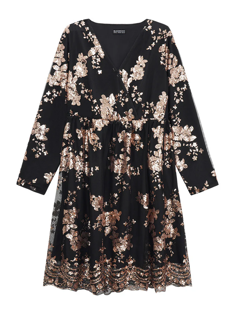 Floral Sequin Elastic Waist Mesh Wrap Dress - Image 5