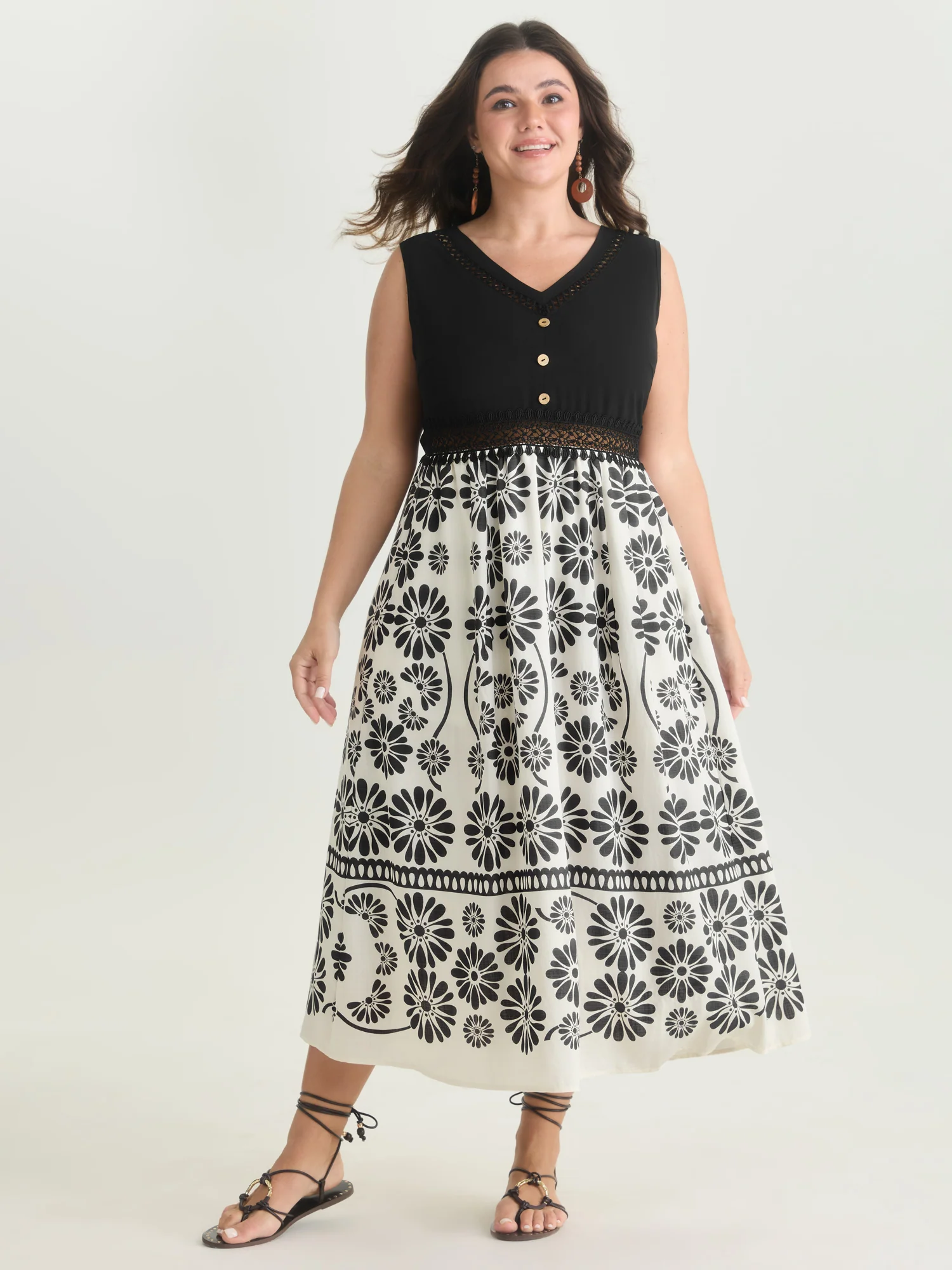 Floral Sheer Lace Trim Contrast Midi Dress - Image 3