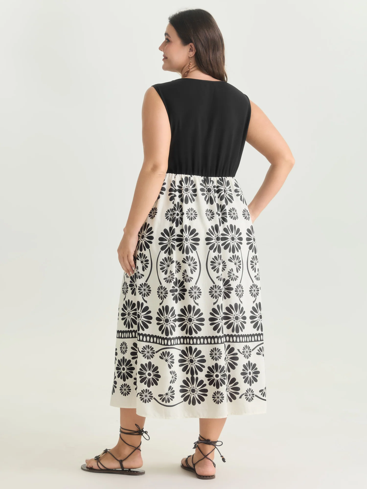 Floral Sheer Lace Trim Contrast Midi Dress - Image 4