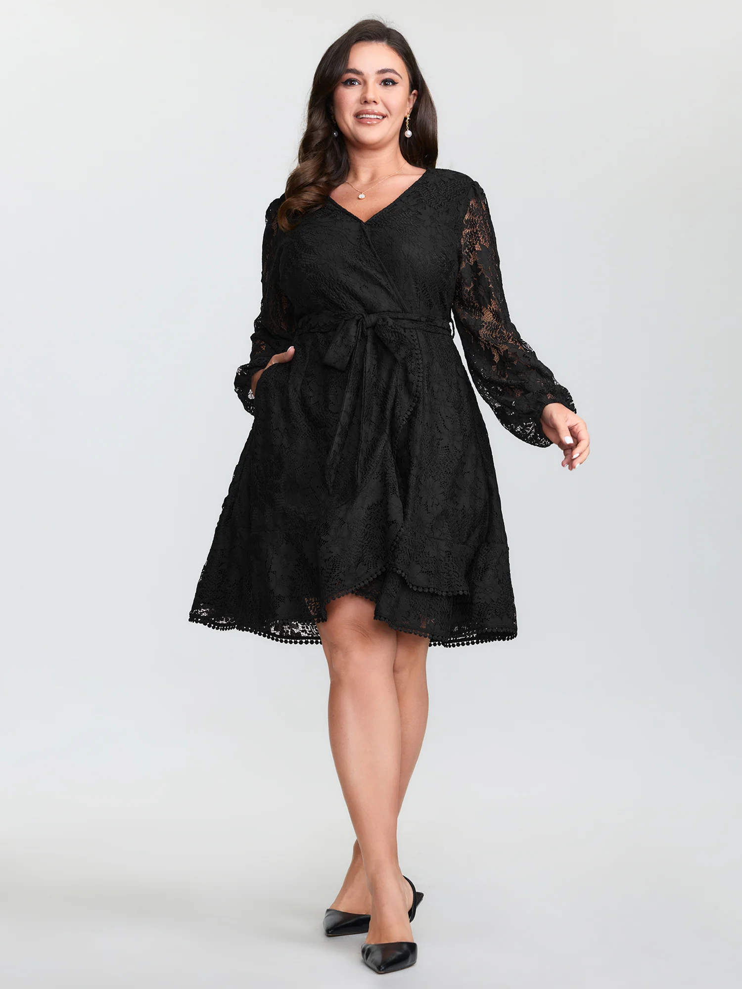 Floral Sheer Lace Waist-Tie Mini Dress - Image 3