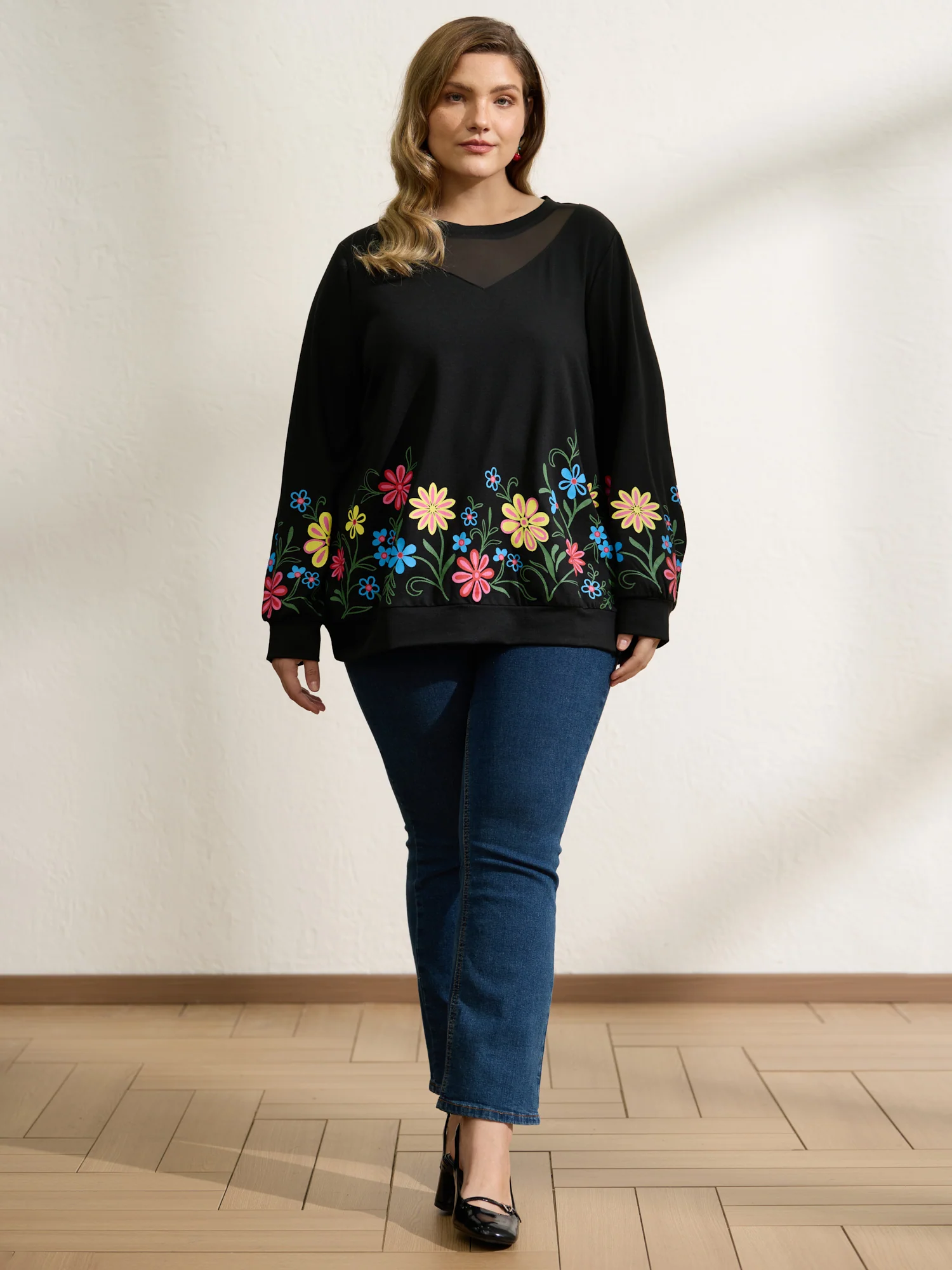 Floral Sheer Lined Contrast Sweatshirt - Image 3