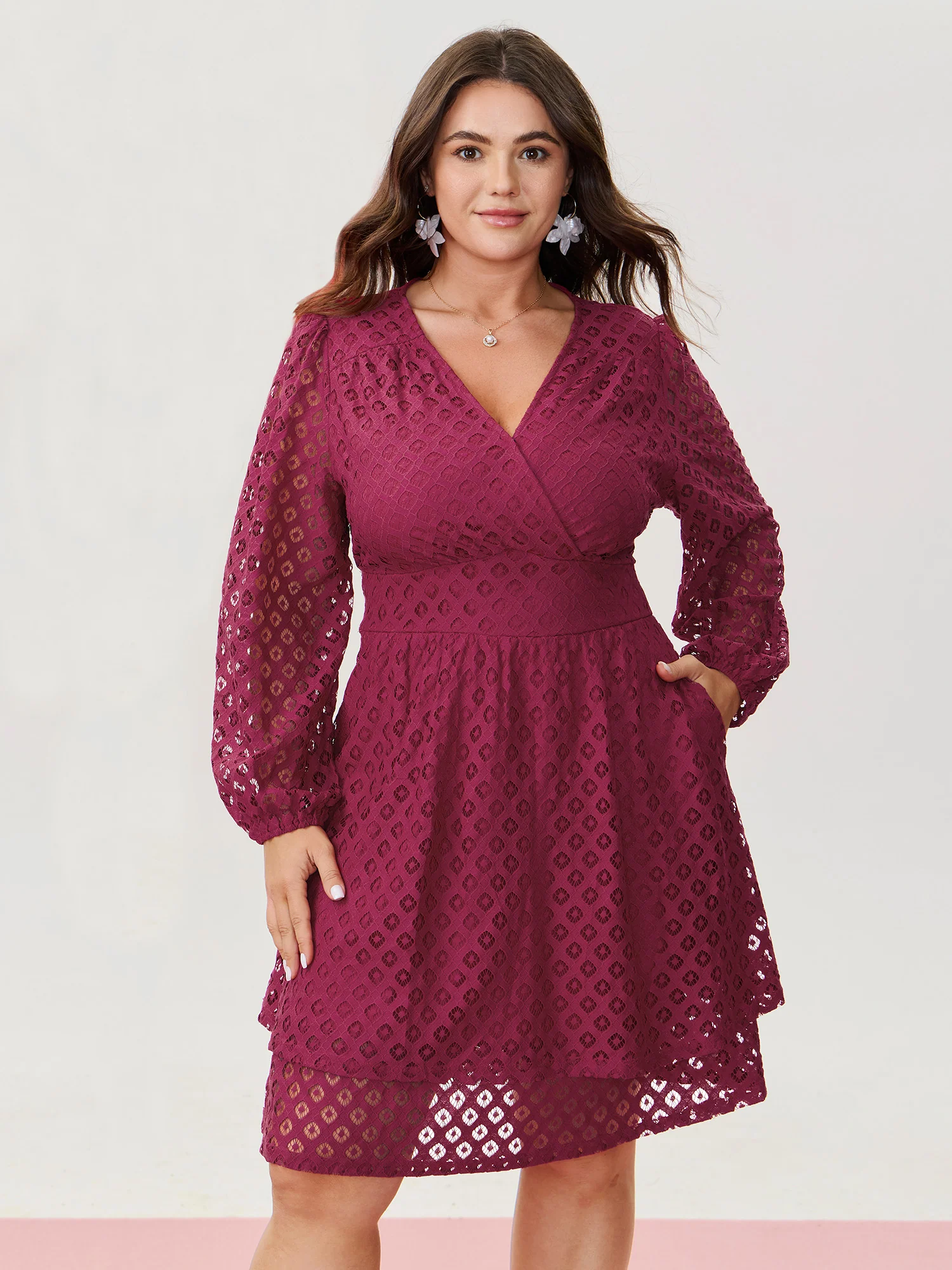 Floral Sheer Sleeve Surplice Neck Mini Dress - Image 2