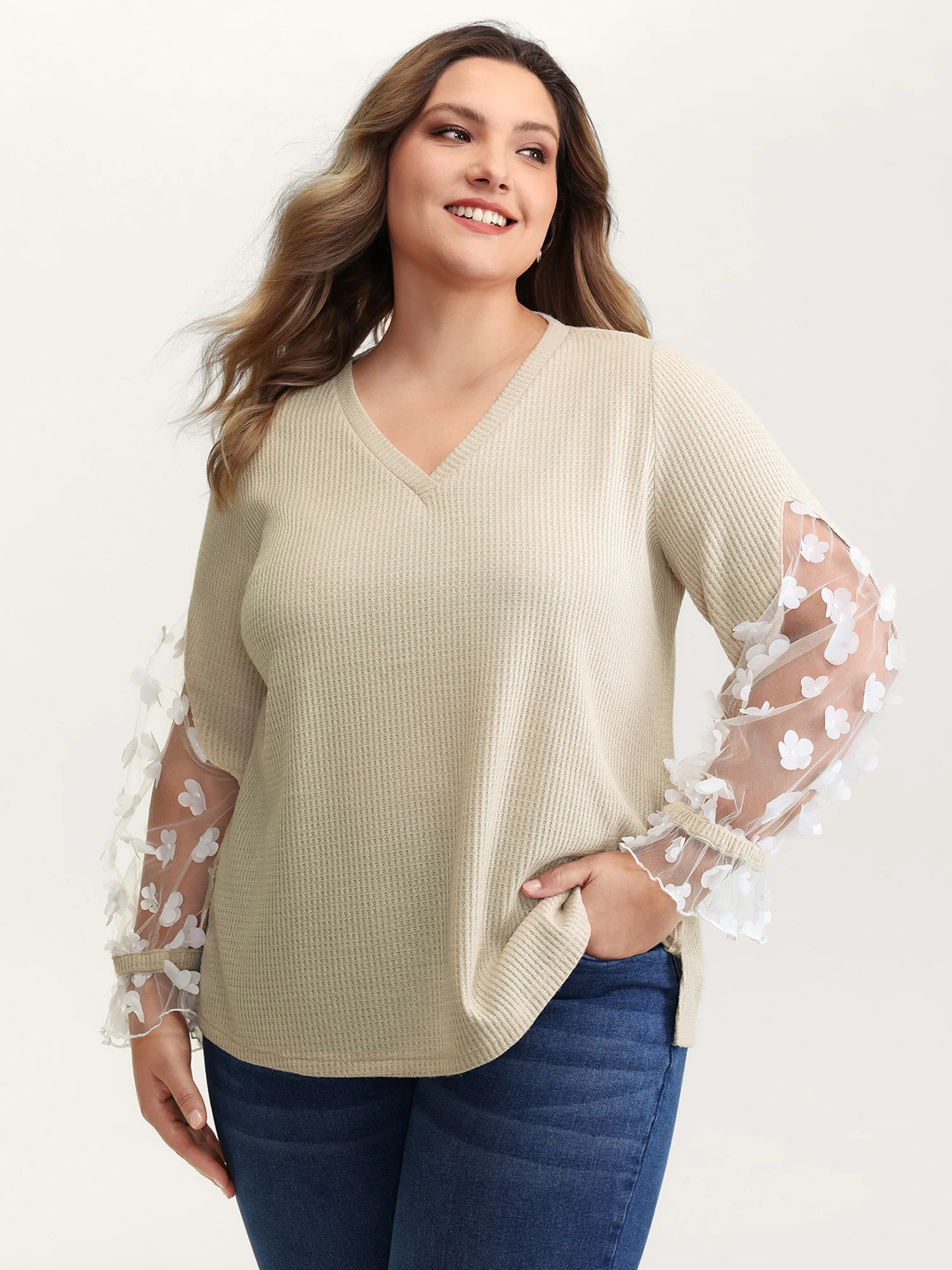 Floral Sheer Textured Sleeve V-Neck Sweatshirt - Image 2