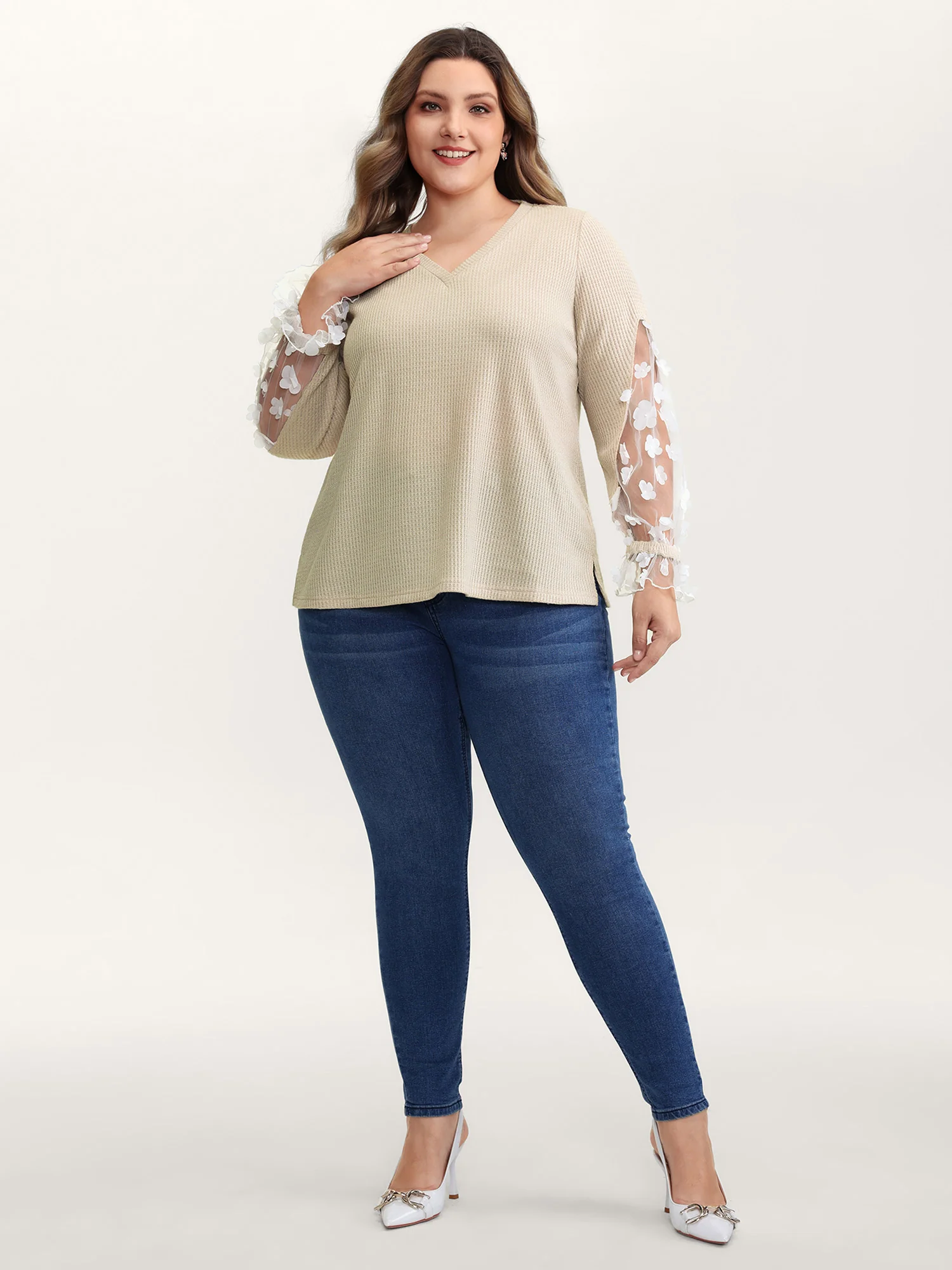 Floral Sheer Textured Sleeve V-Neck Sweatshirt - Image 3