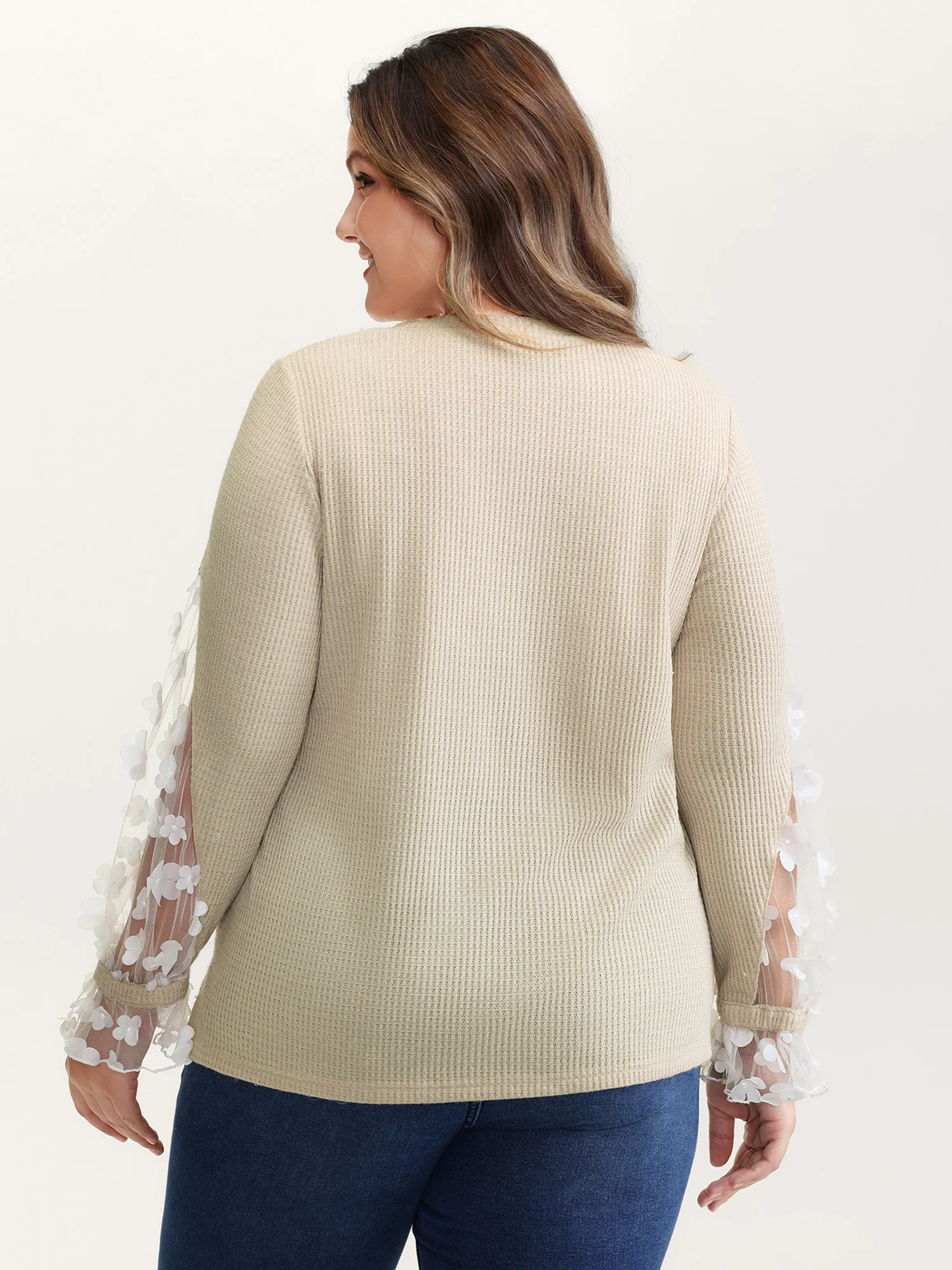 Floral Sheer Textured Sleeve V-Neck Sweatshirt - Image 4