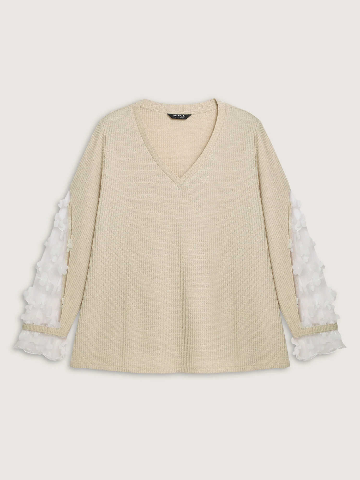 Floral Sheer Textured Sleeve V-Neck Sweatshirt - Image 7