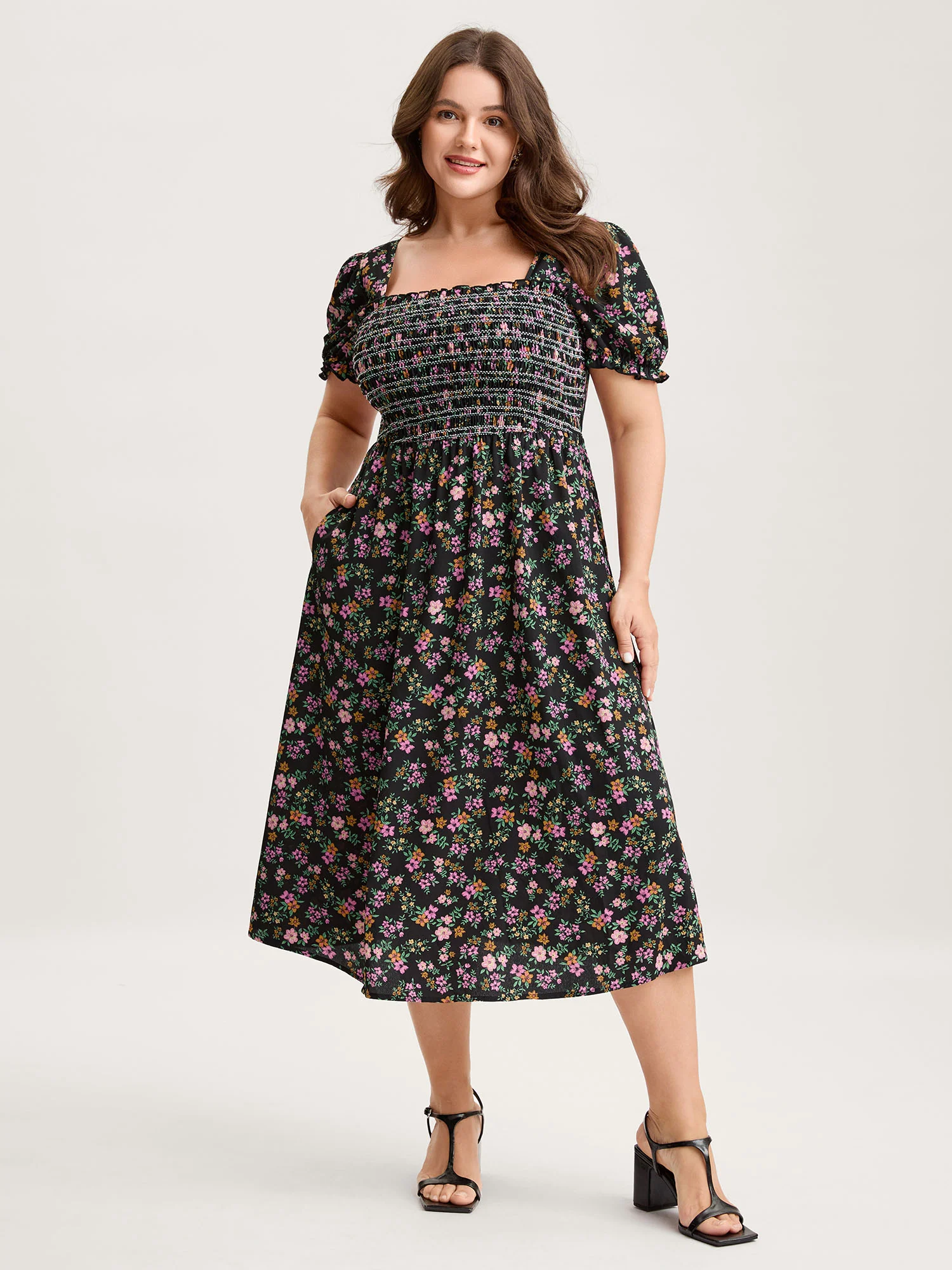 Floral Shirred Bodice Contrast Midi Dress - Image 2