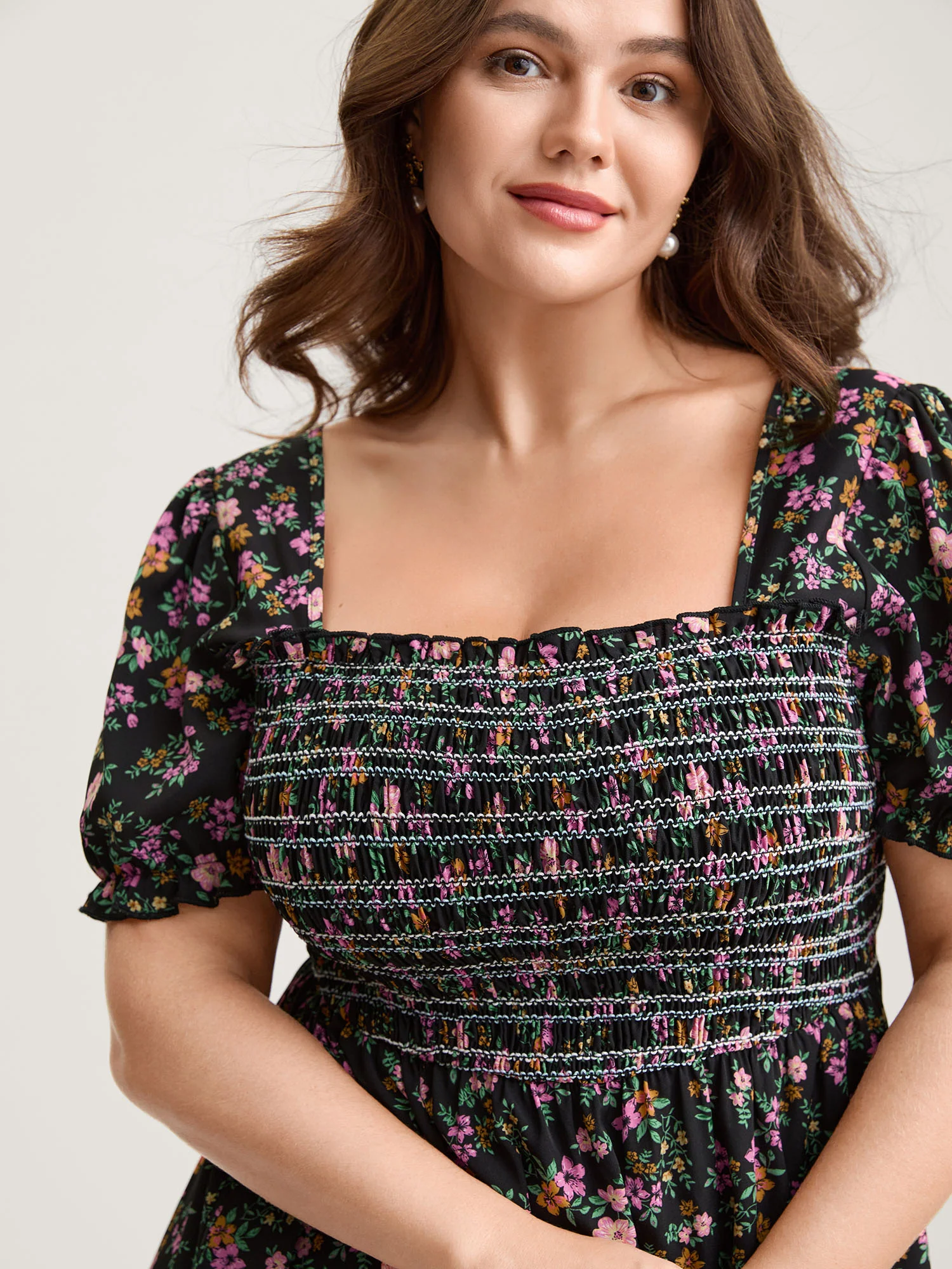 Floral Shirred Bodice Contrast Midi Dress - Image 3